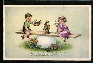 Ansichtskarte Osterhase mit Kindern auf einer Wippe