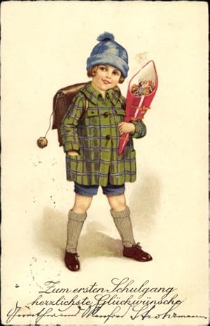 Ansichtskarte / Postkarte Glückwunsch zum Schulanfang, Kind mit Zuckertüte und Schulranzen