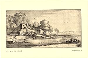 Künstler Ansichtskarte / Postkarte Velde, J. van de, Landschaft, Dorfidyll, Wohnhaus, Ruderboot