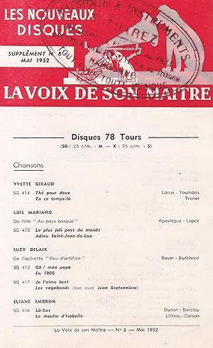 Image du vendeur pour La voix de son maitre - Les nouveaux Disques, supplment n 8, mai 1952 mis en vente par Pare Yannick