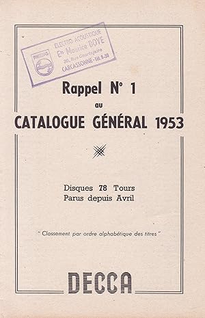 Seller image for Rappel n1 au catalogue gnral 1953 - Disques 78 tours parus depuis avril for sale by Pare Yannick