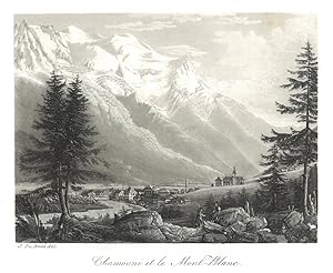 CHAMONIX. Ansicht aus der Ferne, im Hintergrund der Mont Blanc.