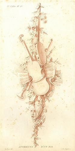 MUSIK. - Tanzmusik. "Attributs d'un Bal." Florales Arrangement mit Geige, Flöten, Tamburin und No...