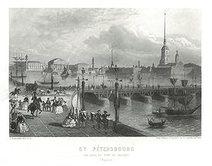 PETERSBURG. "St. Pétersbourg". Gesamtansicht über die Troizki-Brücke, mit lebhafter Staffage.