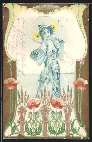 Künstler-Ansichtskarte Dame mit Blumen im Jugendstil