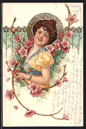 Lithographie Brünette Maid und Blüten, Jugendstil