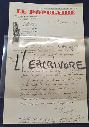 Lettre autographe signée de Alexandre-Marie Bracke- Desrousseaux - 6 Janvier 1939