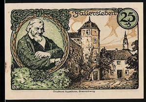 Bild des Verkufers fr Notgeld Fallersleben 1920, 25 Pfennig, Amtsgericht und Kirche, Hoffmann von Fallersleben zum Verkauf von Bartko-Reher