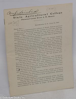 State Agricultural College. Personal Letter from J.W. Heston