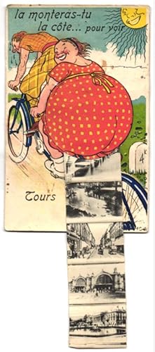 Leporello-Carte postale Tours, Paar auf dem Tandem, Hôtel de Ville, l'Église, pont, La Gare