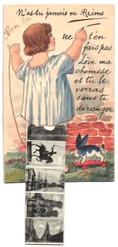 Leporello-Carte postale Reims, Ansichten unterm Hemdchen, Cathedrale, La Gare, Hotel de Ville