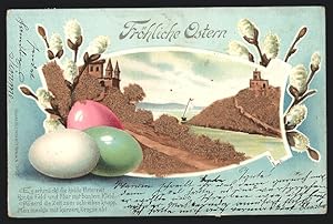 Ansichtskarte Fröhliche Ostern, Ostereier und Weidenkätzchen mit schöner Landschaft