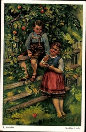 Künstler Ansichtskarte / Postkarte Voelcker, R., Nachbarskinder, Apfelbaum