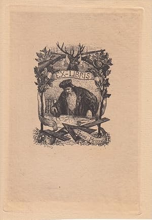 Seller image for Ex-Libris Franz Messer. B�rtiger Gelehrter, mit Zirkel auf Papier arbeitend, dahinter B�cher, dar�ber Hirsch und gekreuzte Gewehre. for sale by Antiquariat  Braun