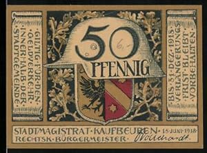 Bild des Verkufers fr Notgeld Kaufbeuren 1918, 50 Pfennig, Stahlhelm und Wappen zum Verkauf von Bartko-Reher