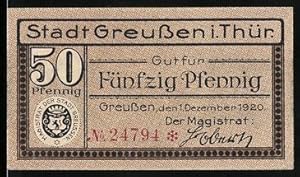 Bild des Verkufers fr Notgeld Greussen 1920, 50 Pfennig, Kirche, Magistrats Unterschrift zum Verkauf von Bartko-Reher