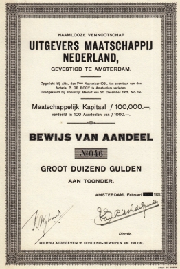 Bewijs van Aandeel groot Duizend Gulden van de N.V. Uitgevers Maatschappij Nederland, gevestigd t...