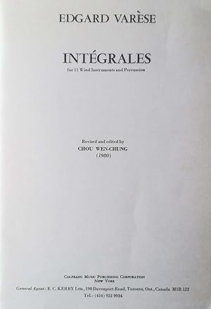 Immagine del venditore per Intgrales for 11 Wind Instruments and Percussion. Revised and edited by Chou Wen-Chung (1980). venduto da Versandantiquariat Ruland & Raetzer