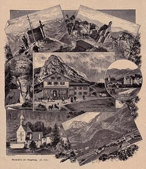 Image du vendeur pour und Umgebung. 7 Ansichten auf einem Blatt (Gipfel, Kirchlein, Tatzelwurm, Brannenburg, Wendelstein mit Touristen Haus, Birkenstein, Bayerisch-Zell). Holzstich in Mischtechnik von E.Heine. mis en vente par Antiquariat Heinz Tessin