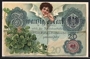 Lithographie 20 Mark zahlt die Reichsbankkasse zum Geburtstag, Kleeblatt, Geldschein