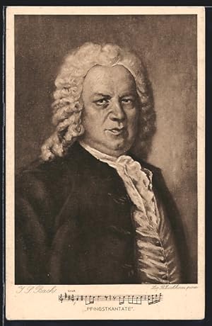 Ansichtskarte Komponist Johann Sebstian Bach mit gelockter Perücke, Notenzeile der Pfingstkantate