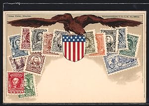 Ansichtskarte Adler mit amerikanischem Wappen nebst Briefmarken