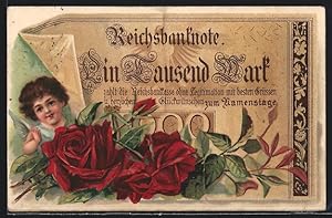 Ansichtskarte Engel und Rosen vor einer Reichsbanknote