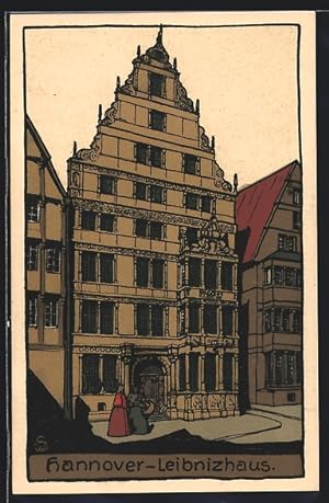 Steindruck-Ansichtskarte Hannover, Zwei Damen vor dem Leibnizhaus