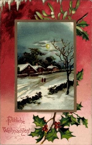 Passepartout Ansichtskarte / Postkarte Glückwunsch Weihnachten, Winterlandschaft bei Nacht, Stech...