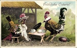 Präge Ansichtskarte / Postkarte Glückwunsch Ostern, Vermenschlichtes Huhn und Hahn