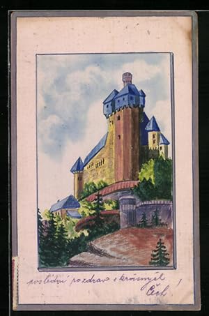 Künstler-Ansichtskarte Handgemalt: Burg mit Mauer im Sonnenschein