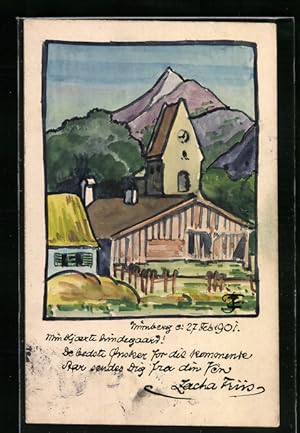 Künstler-Ansichtskarte Handgemalt: Turmgebäude vor Berggipfel im Sonnenschein