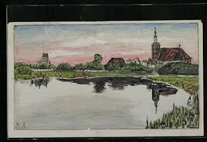 Künstler-Ansichtskarte Handgemalt: Dorfpartie mit Kirche und See