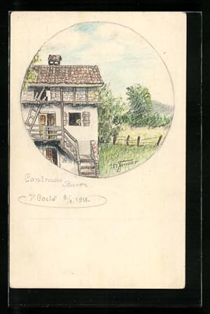 Künstler-Ansichtskarte Handgemalt: Haus mit Aussentreppe in Landschaft mit Bergblick