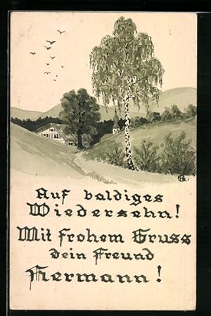 Künstler-Ansichtskarte Handgemalt: Birke in Landschaft vor Ortschaft, fliegender Vogelschwarm