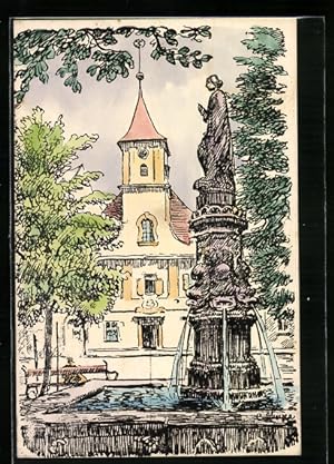 Künstler-Ansichtskarte Handgemalt: Brunnen vor einem Rathaus
