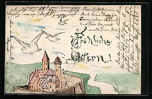 Künstler-Ansichtskarte Handgemalt: Burg mit fliegenden Tauben, von oben gesehen