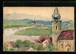 Künstler-Ansichtskarte Handgemalt: Flusspartie mit Kirche und Blick ins Land