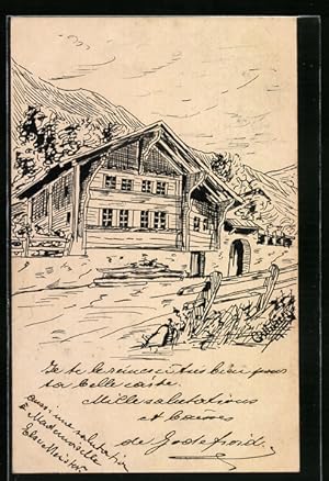Künstler-Ansichtskarte Handgemalt: Chalet mit Strasse und Berg-Hintergrund