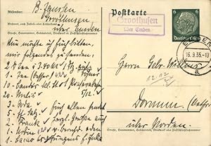 Landpoststempel Groothusen Krummhörn über Emden, 16.09.1935 auf amtlicher Ganzsache