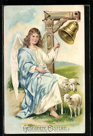 Präge-Ansichtskarte Osterengel läutet die Glocke über den Lämmern