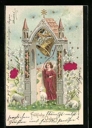 Ansichtskarte Osterengel läutet die Glocken, Blüten aus echtem Stoff