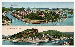 Farbige Ansichtskarte mit 2 Ansichten: Tetschen und Bodendach a.d.Elbe.