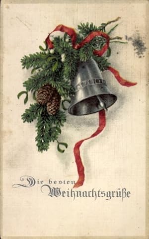Ansichtskarte / Postkarte Glückwunsch Weihnachten, Glocke, rotes Schleifenband, Tannenzweige