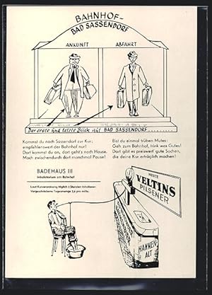 Künstler-Ansichtskarte Bad Sassendorf /Krs. Soest, Bahnhof, Badehaus und Inhalatorium, Reklame fü...