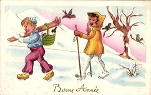 Ansichtskarte / Postkarte Glückwunsch Neujahr, Kinder mit Skiern und Skistöcken