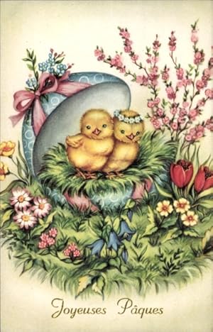 Ansichtskarte / Postkarte Glückwunsch Ostern, Zwei Küken im Nest, Blumenwiese