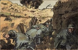 Künstler Ansichtskarte / Postkarte Französische Soldaten im Schützengraben, Schlachtszene