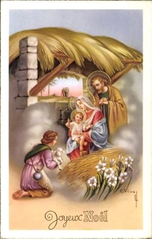 Künstler Ansichtskarte / Postkarte Vivey, Glückwunsch Neujahr, Heilige Familie, Hirte mit Lamm