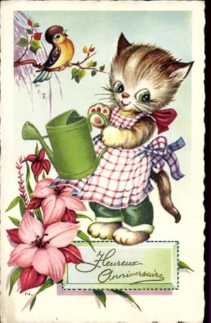 Ansichtskarte / Postkarte Glückwunsch Geburtstag, Vermenschlichte Katze mit Gießkanne, Blumen, Vogel